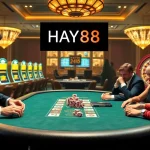 Players strategizing at a luxury poker table in a casino scene featuring HAY88 and vibrant game elements.