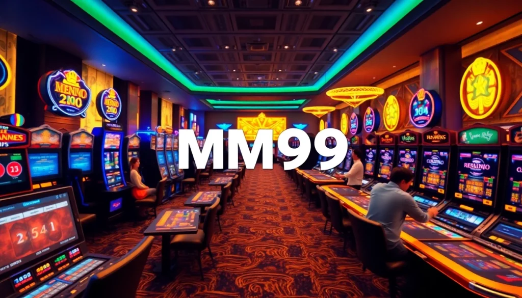 MM99 online casino gaming scene with vibrant digital slot machines and live dealers.