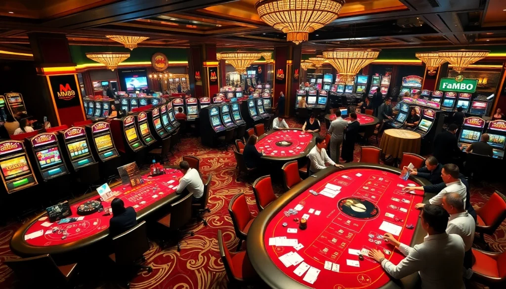 MM88 casino ambiance with professional dealers and vibrant slot machines in action.