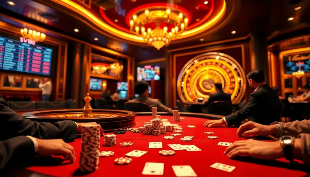 High-stakes poker game at SV88 casino, featuring gleaming chips and intense players.