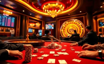 High-stakes poker game at SV88 casino, featuring gleaming chips and intense players.