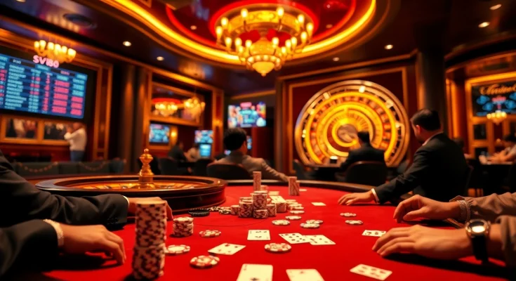 High-stakes poker game at SV88 casino, featuring gleaming chips and intense players.