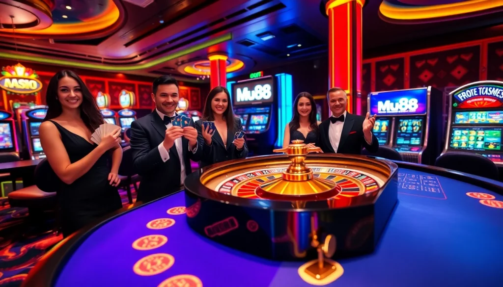 Players enjoying a thrilling game at Mu88 casino, filled with excitement and vibrant lights.