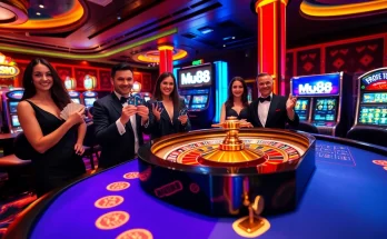 Players enjoying a thrilling game at Mu88 casino, filled with excitement and vibrant lights.