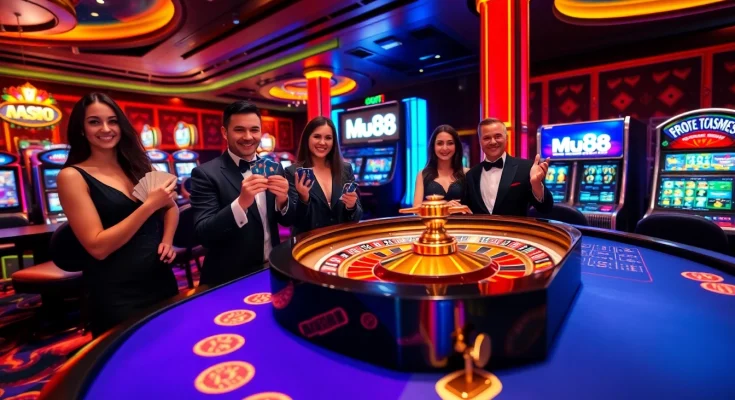 Players enjoying a thrilling game at Mu88 casino, filled with excitement and vibrant lights.