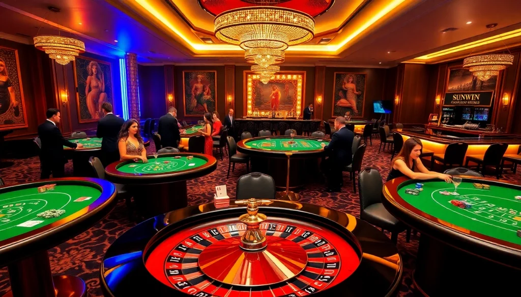 Players enjoying thrilling casino games at SUNWIN, surrounded by colorful chips and elegant decor.