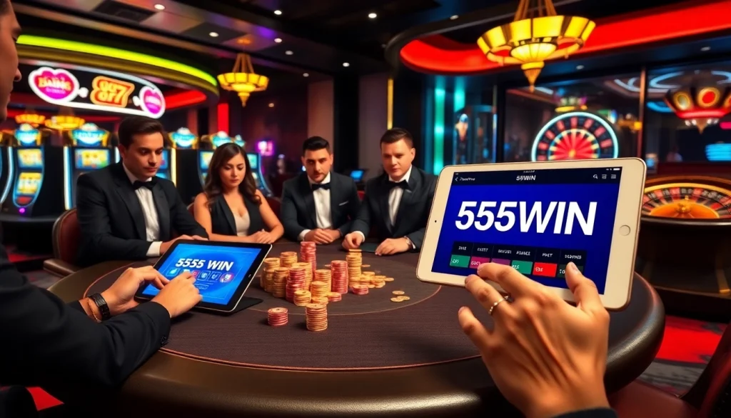 Players experiencing high-stakes excitement at 555WIN casino, showcasing poker and slot games.