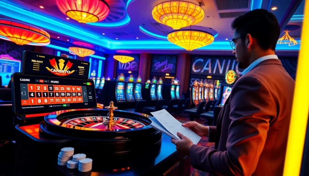 Engage with debet gambling excitement in a luxurious casino environment filled with slot machines and roulette wheels.
