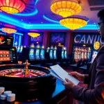 Engage with debet gambling excitement in a luxurious casino environment filled with slot machines and roulette wheels.