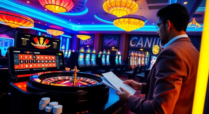 Engage with debet gambling excitement in a luxurious casino environment filled with slot machines and roulette wheels.