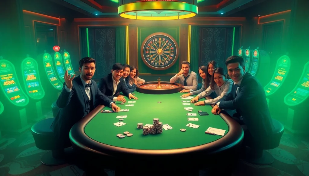 VN168 poker players enjoying a vibrant casino environment with high-stakes action.