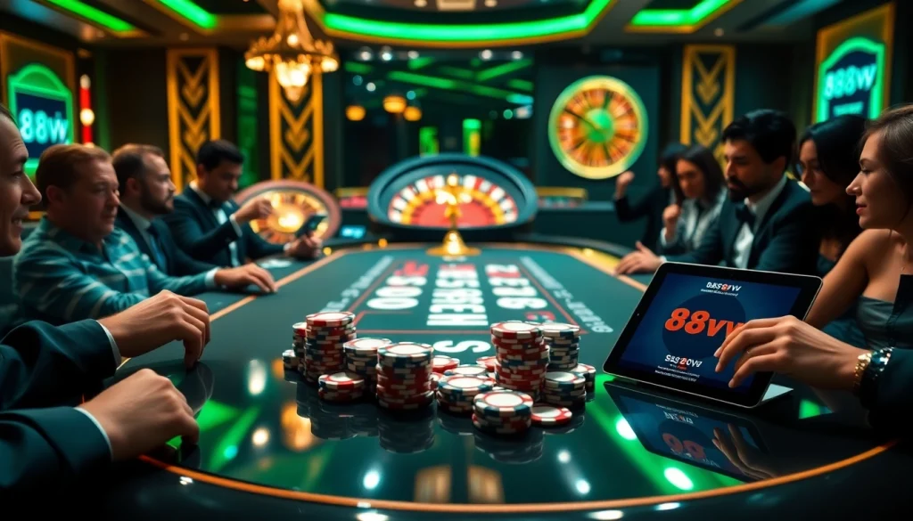Engaging players experience 88vv betting at a luxurious poker table in a vibrant casino scene.