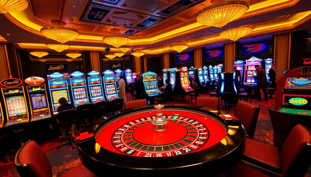 Players enjoying exciting games at Jun88 casino with vibrant poker chips and slot machines.