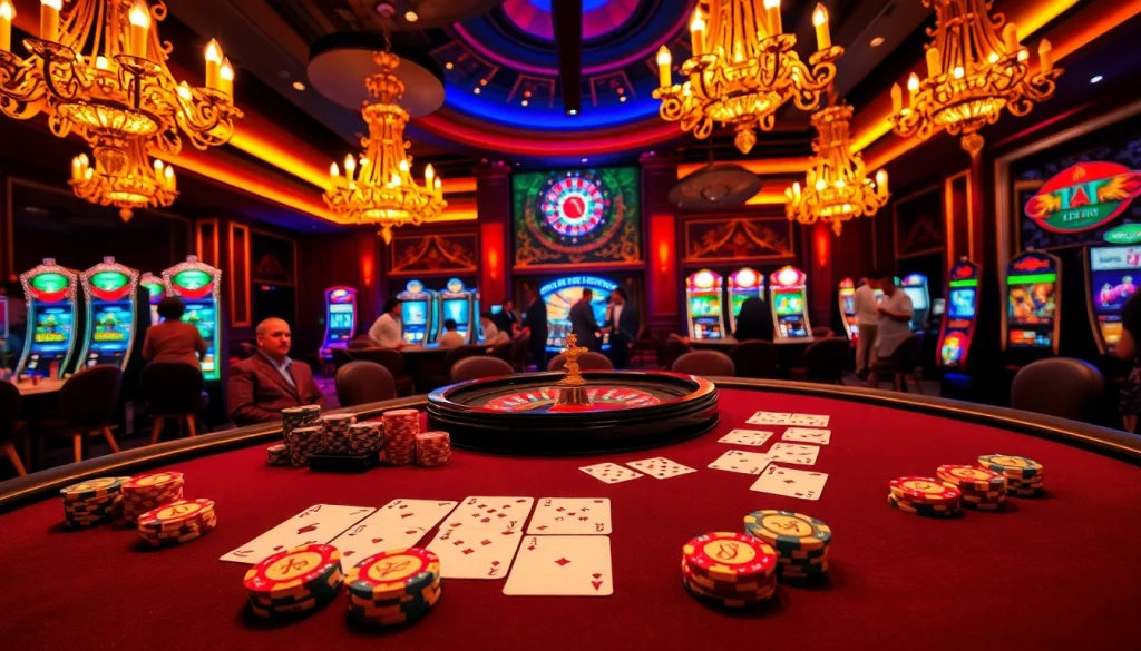 Exciting casino scene with poker chips and BDTK66-themed card games as players strategize.