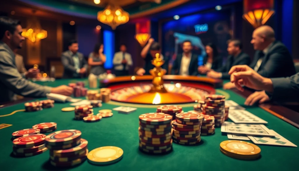 Experience the excitement of TR88's casino with engaging players, colorful poker chips, and spinning roulette wheels.