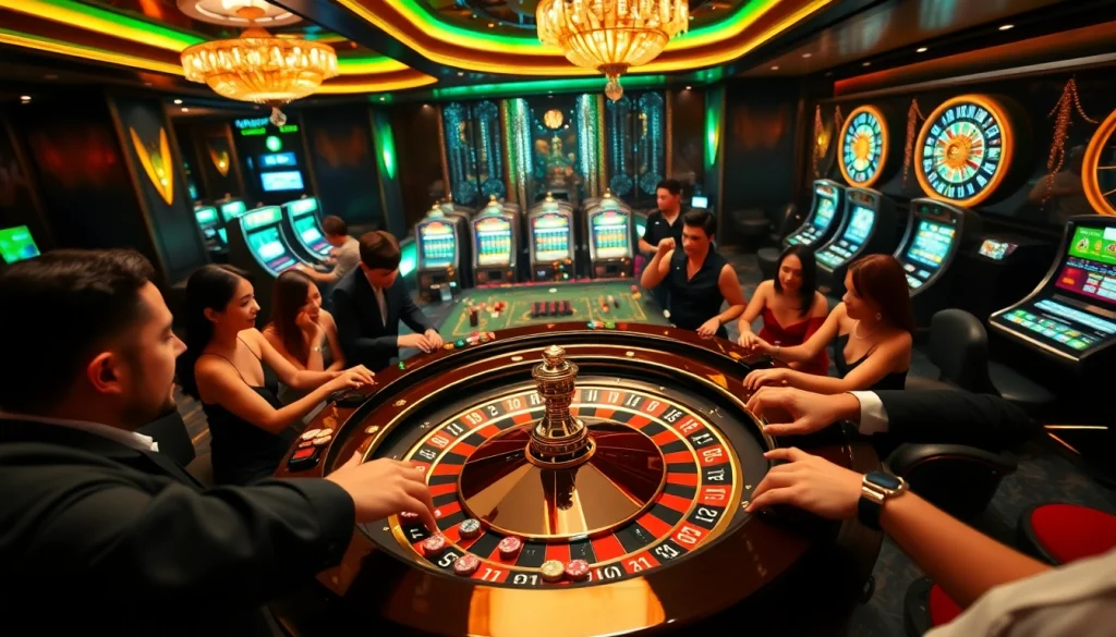 Excited players placing bets at the luxurious nn888 roulette table in a vibrant casino scene.