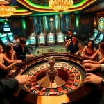 Excited players placing bets at the luxurious nn888 roulette table in a vibrant casino scene.