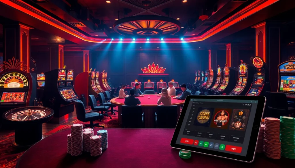 Phtaya.ac showcases a thrilling casino scene with engaging poker players and vibrant slot machines.