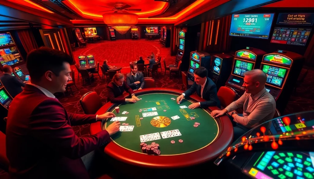 Intense gaming action at nhà cái gg88 with players enjoying live betting at a luxurious casino.