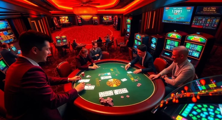 Intense gaming action at nhà cái gg88 with players enjoying live betting at a luxurious casino.