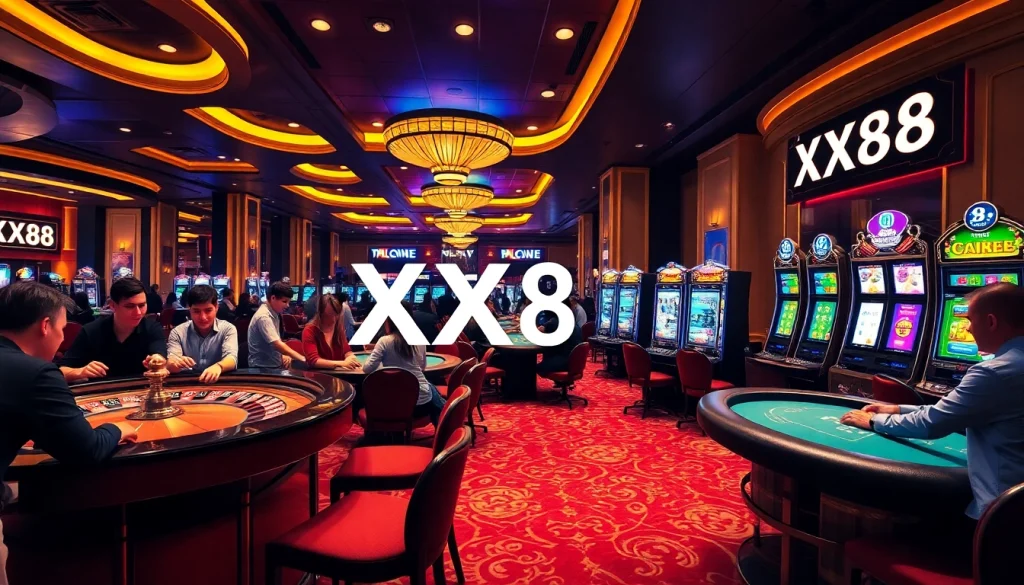 Players enjoying a thrilling moment at the XX88 casino tables, featuring vibrant gaming elements.