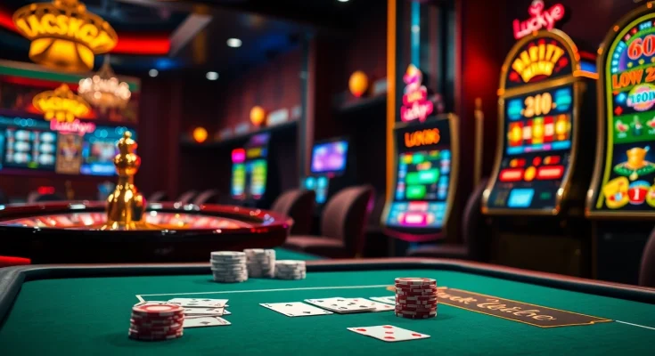 Experience thrilling gameplay at Lucky88 with a stylish poker table and vibrant slot machines.