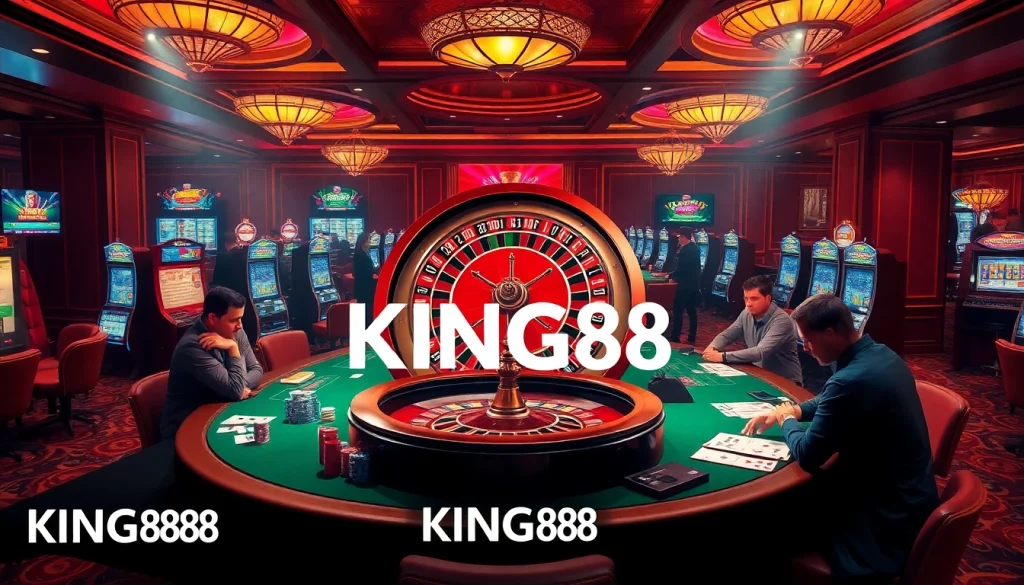Players enjoying high-stakes gambling at KING88's vibrant casino tables.