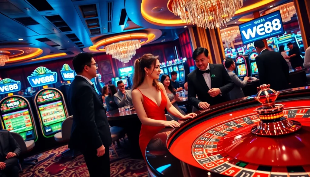 Players enjoying various exciting games at WE88 casino, with vibrant roulette and slot machines.