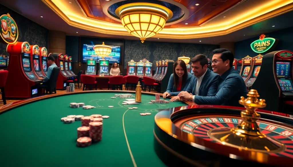 B52Club players enjoy a thrilling poker game at a luxurious casino table.