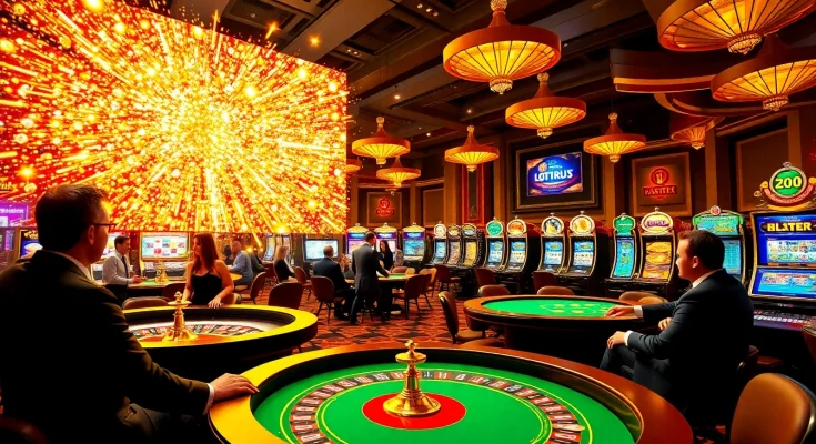Witness the explosion of a prize-winning lottery among excited gamblers at a luxurious casino.