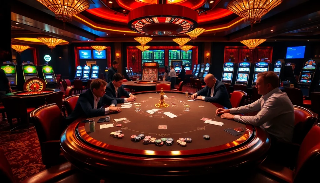 Players enjoying intense poker action at https://oxbet.br.com/ with vibrant casino atmosphere.
