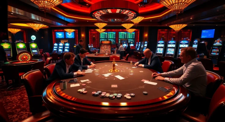 Players enjoying intense poker action at https://oxbet.br.com/ with vibrant casino atmosphere.