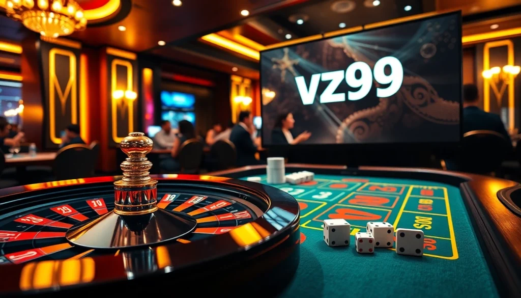 Players enjoying a vibrant casino experience with vz99 displayed on digital interfaces, featuring roulette and poker games.