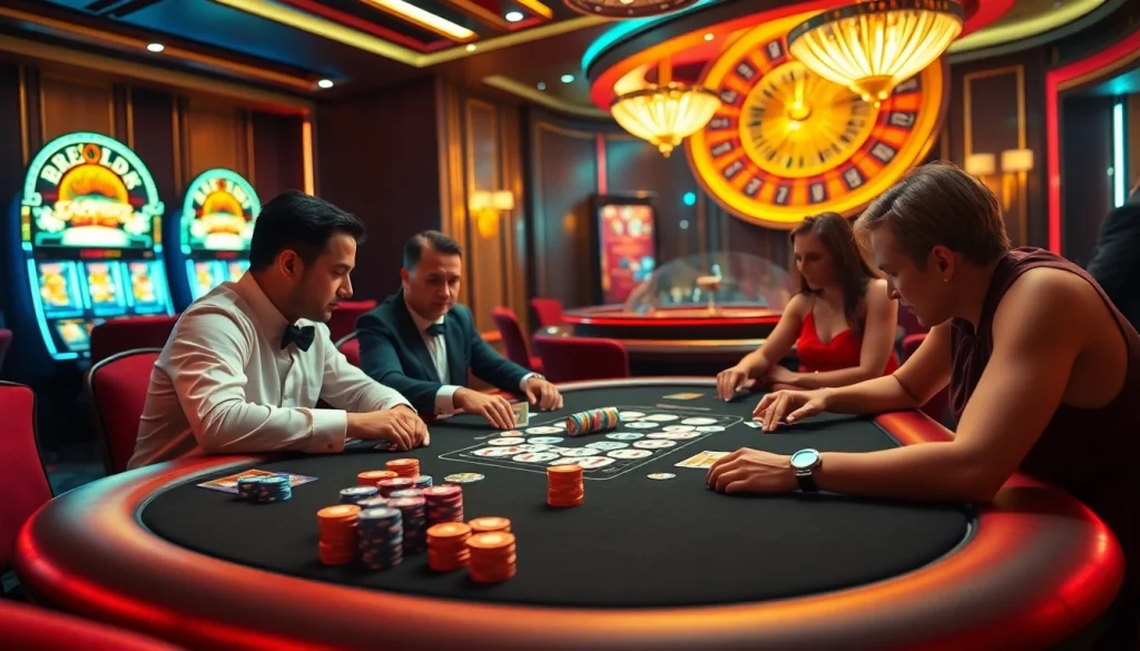 Experience the thrill of poker at Fabet's luxurious casino table with vibrant chips and cards.