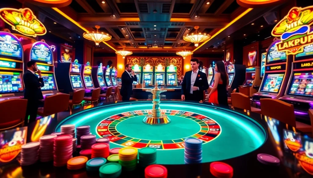 Experience the thrill of winning at 888VI with an elegant casino scene featuring roulette and slot machines.