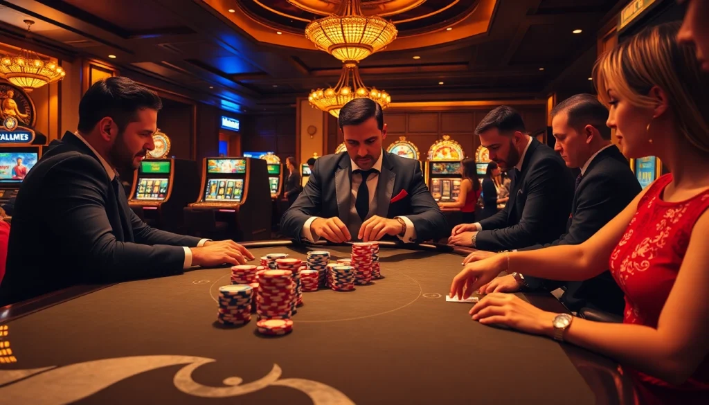 Experience high-stakes excitement at https://hm88.bike/ with professional gamblers at a vibrant poker table.