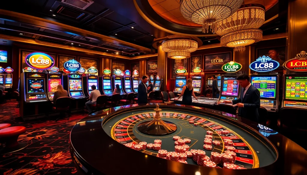 Experience the thrill of LC88 casino gaming with vibrant slot machines and an elegant roulette table.