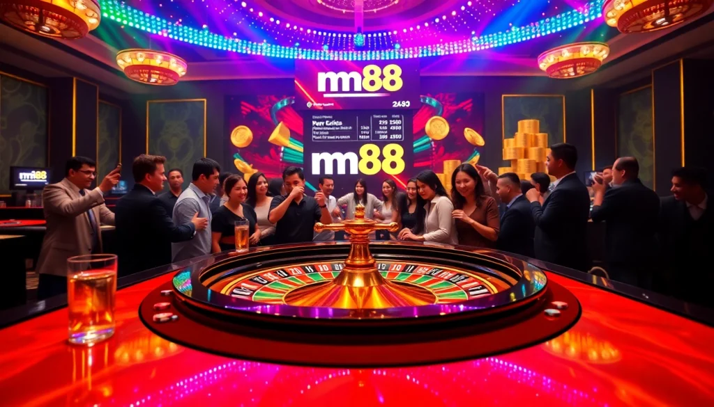Exciting casino scene with mm88 logo at a roulette table, showcasing thrilling bets and luxury ambiance.