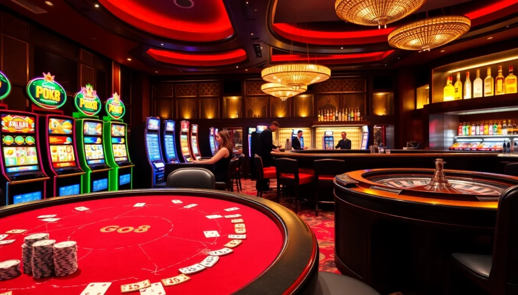 Experience the excitement at Go8 casino with vibrant poker tables and slot machines.