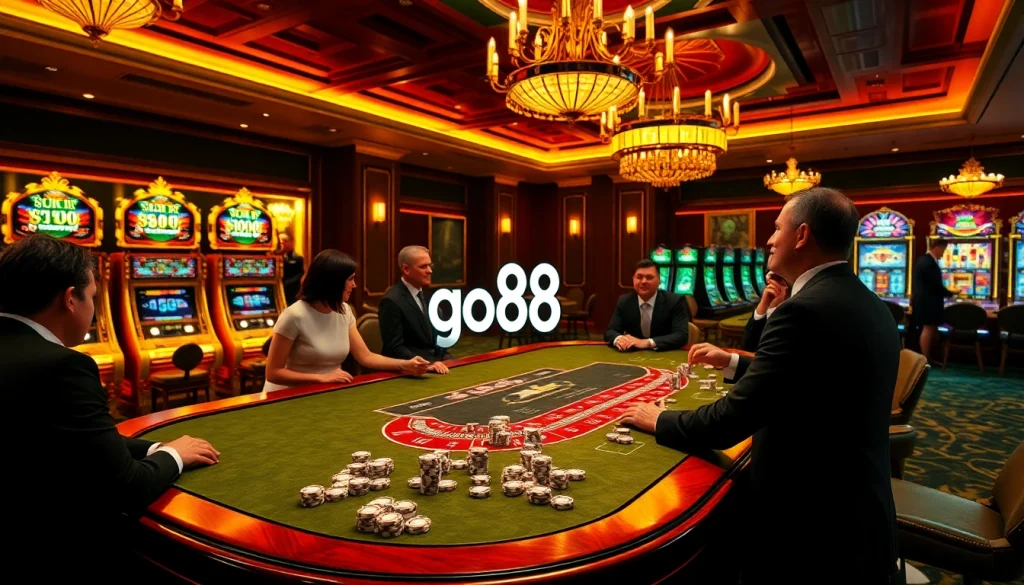 Engage with go88's thrilling gaming experience at a luxurious casino table with vibrant slot machines.