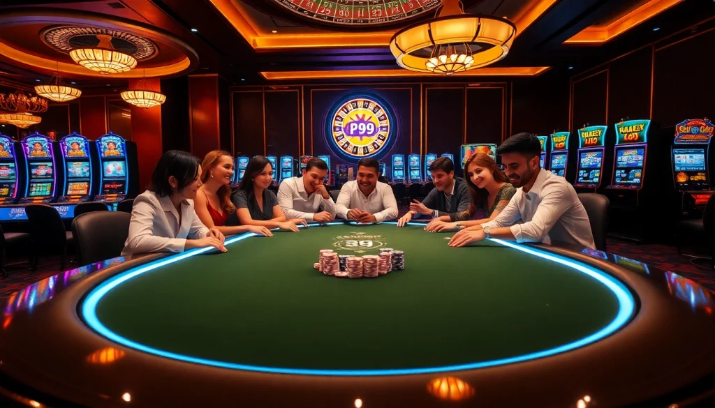 Players enjoy a vibrant poker game at PS99's luxurious gaming table.