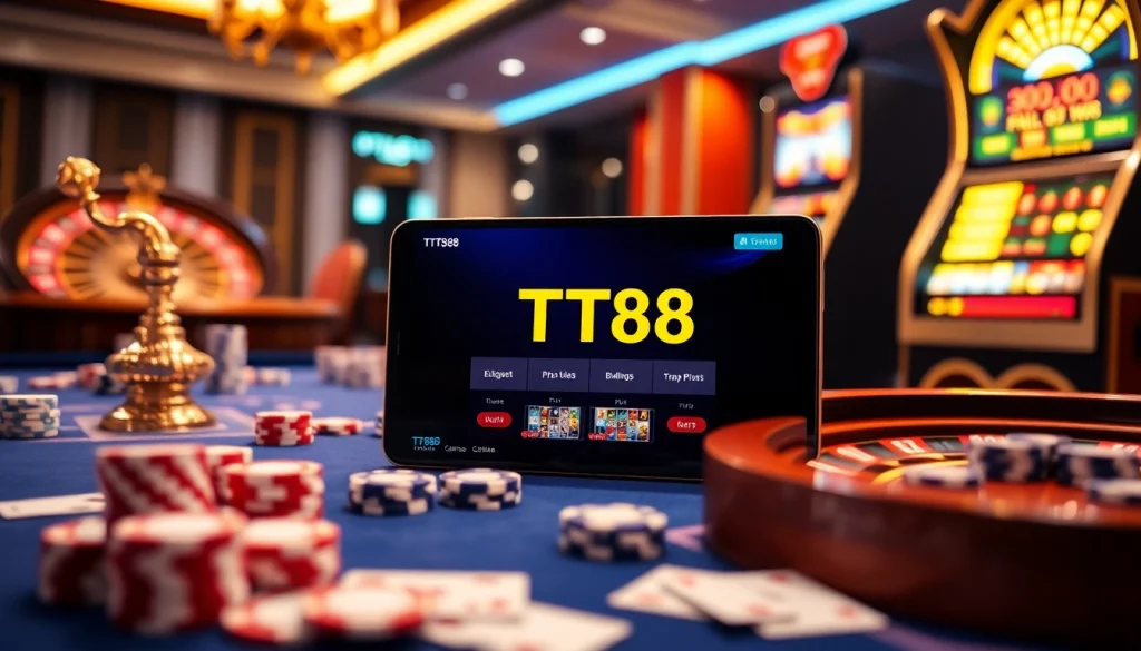 Experience the thrill of TT88 gambling with poker chips and a roulette wheel in a luxurious casino.