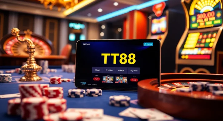 Experience the thrill of TT88 gambling with poker chips and a roulette wheel in a luxurious casino.