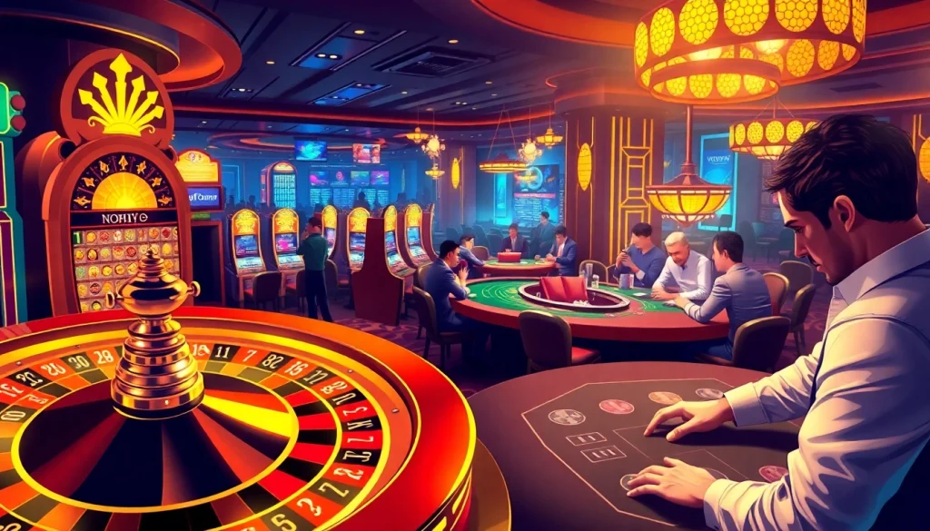 Players experience thrilling casino action at NOHU90, with engaging games and vibrant slot machines.