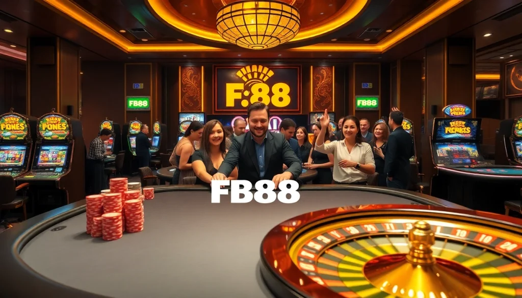 Players engaging with poker chips and slot machines at FB88 casino, showcasing luxury gambling atmosphere.