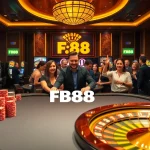 Players engaging with poker chips and slot machines at FB88 casino, showcasing luxury gambling atmosphere.