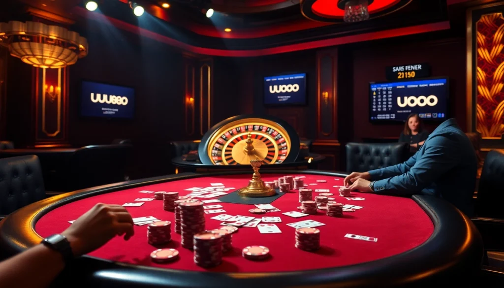 Engage in thrilling gameplay at U888's luxurious poker table with vibrant chips and cards.
