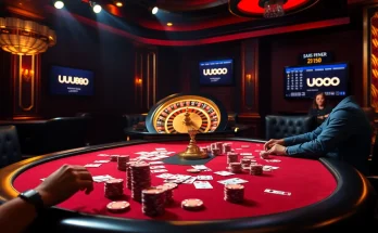 Engage in thrilling gameplay at U888's luxurious poker table with vibrant chips and cards.