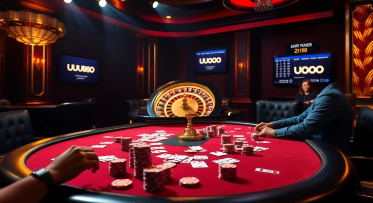Engage in thrilling gameplay at U888's luxurious poker table with vibrant chips and cards.