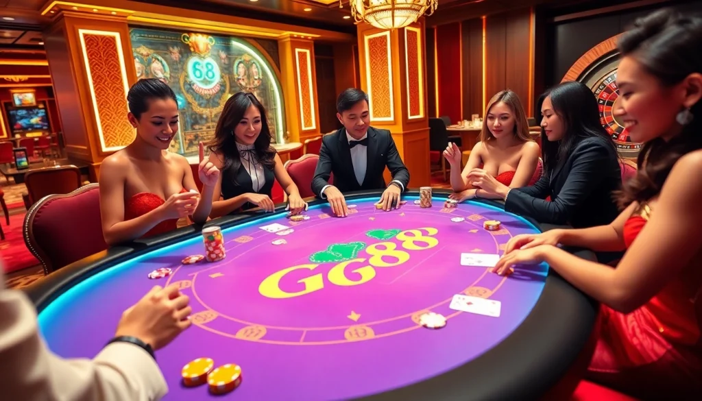 Players enjoying an exciting game at a GG88-themed casino table with luxurious decor.